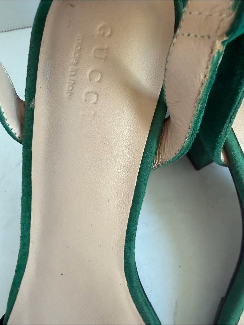 Green Suede Open-Toe Heeled Sandals with Gold Accent - Picture 4 of 8